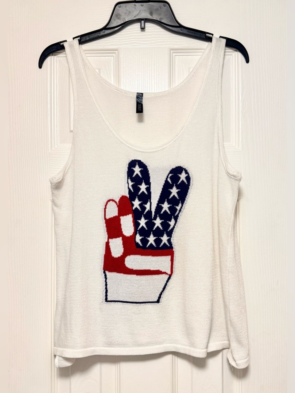 White Knit Top with Patriotic Peace Sign